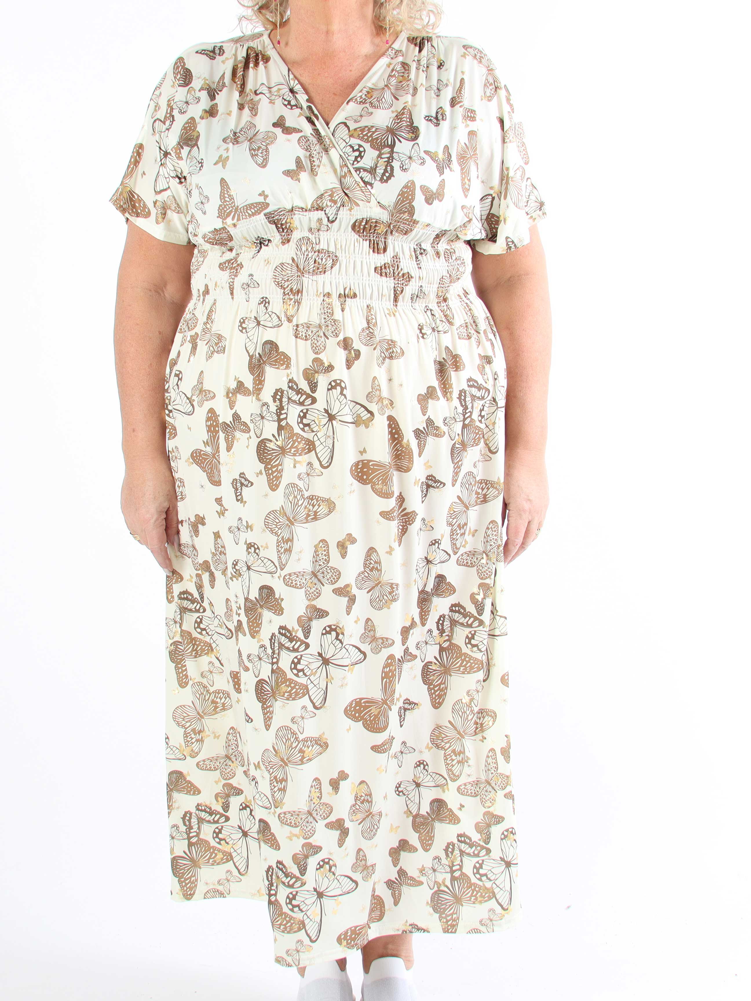 Pams Butterfly - Lang elastisk plus size kjole med smock i livet